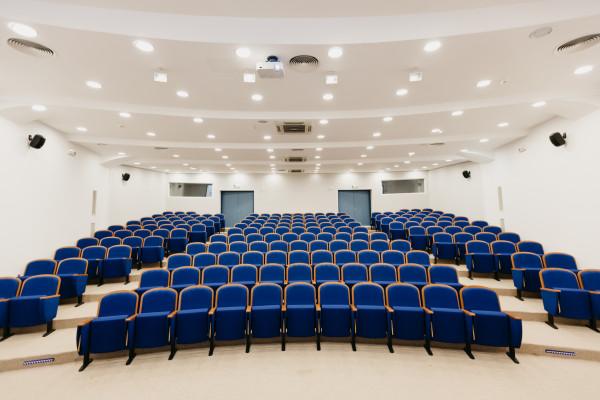 conference room with amphitheatrical seating arrangement
