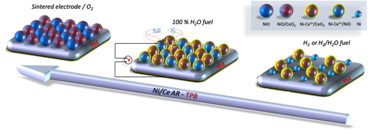 Graphical abstract of the publication entitled Operando observation of nickel/ceria electrode surfaces during intermediate temperature steam electrolysis