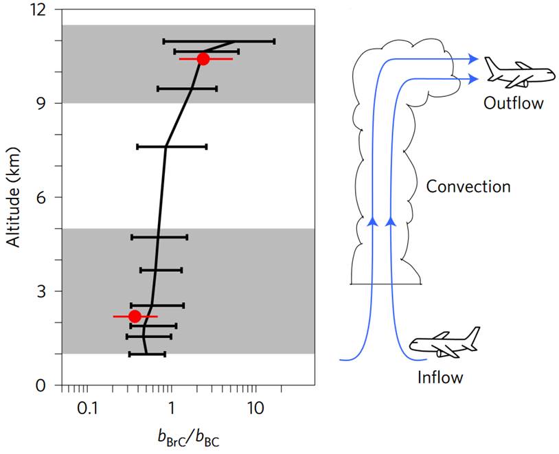 Graphical abstract of the publication entitled 'Top-of-atmosphere radiative forcing affected by brown carbon in the upper troposphere'
