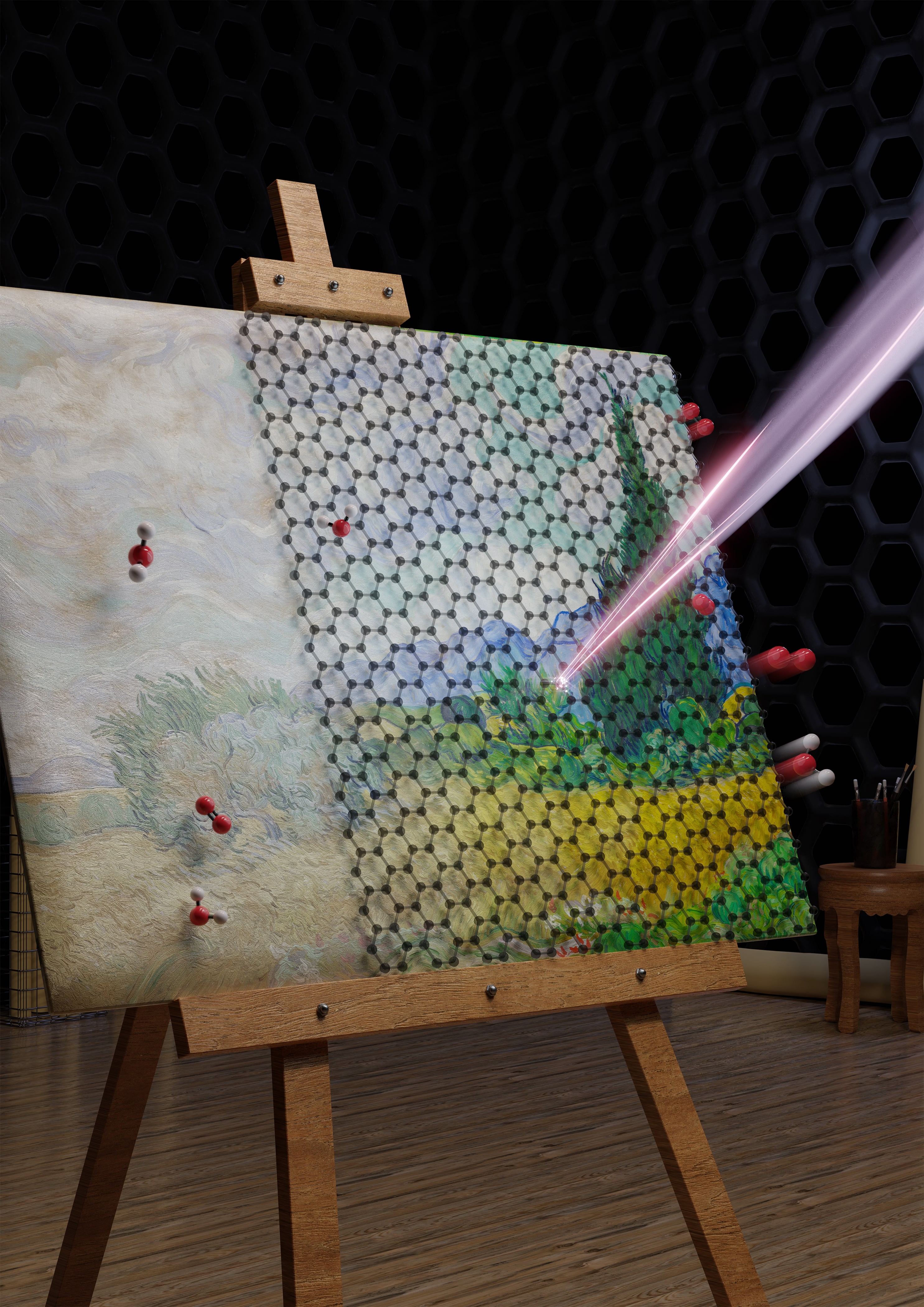 Graphical abstract of the publication entitled 'Preventing colour fading in artworks with graphene veils'