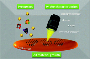 Graphical abstract of the publication entitled 'Growth and in situ characterization of 2D materials by chemical vapour deposition on liquid metal catalysts: a review'