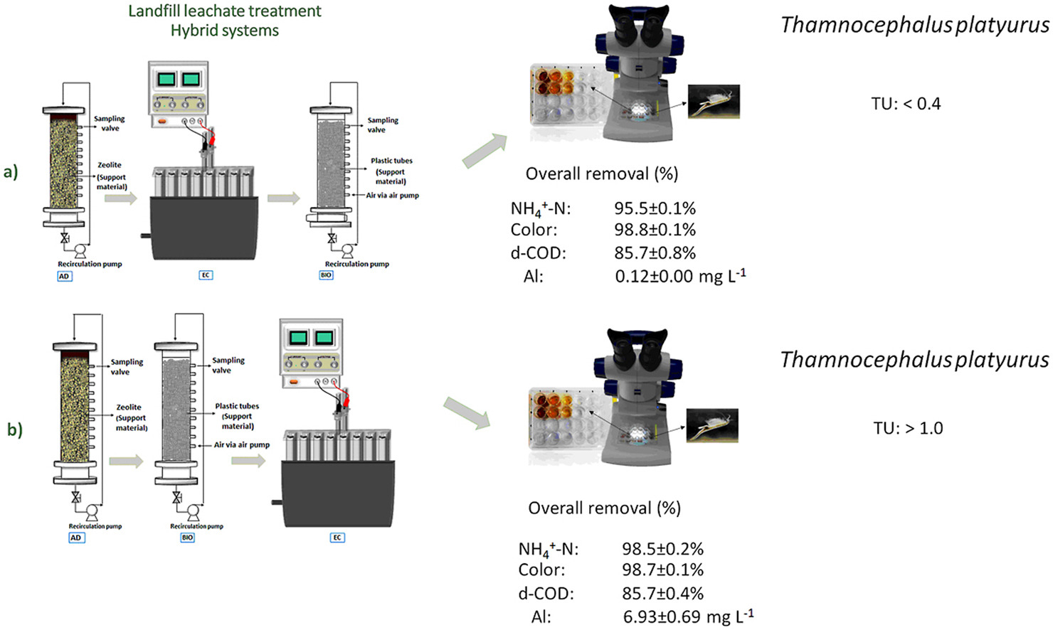 Graphical abstract of the publication entitled 'Treatment of raw sanitary landfill leachate using a hybrid pilot-scale system comprising adsorption, electrocoagulation and biological process'