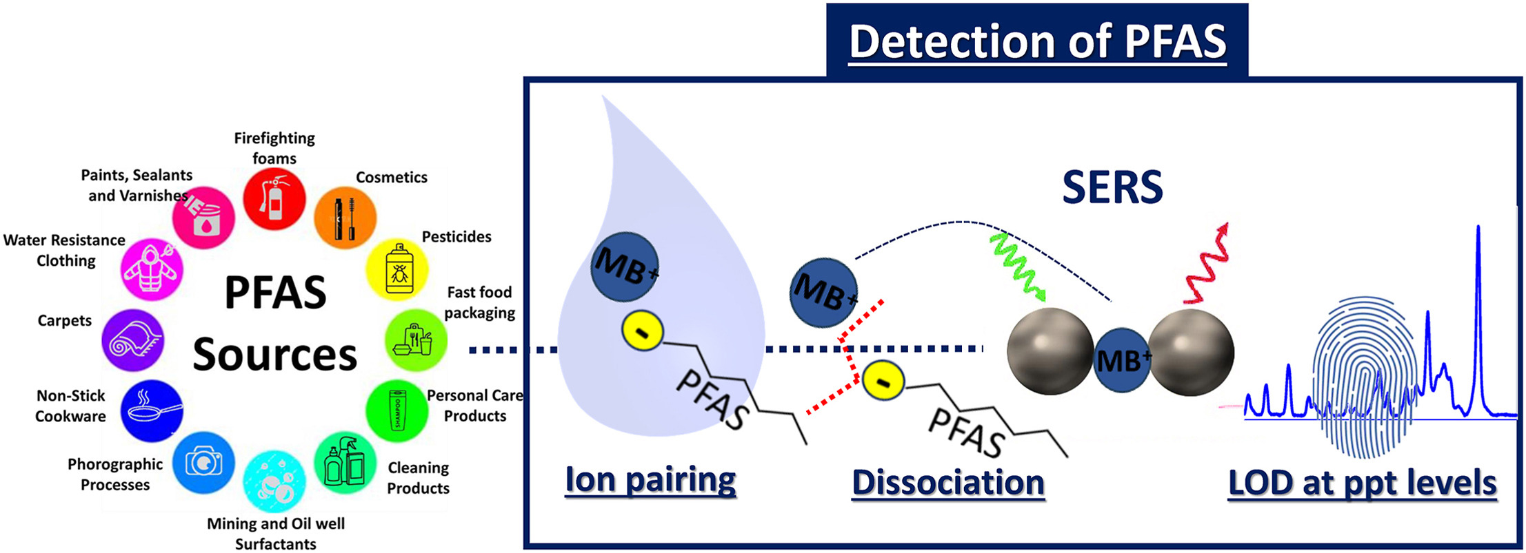 Graphical abstract of the publication entitled Generic method for the detection of short & long chain PFAS extended to the lowest concentration levels of SERS capability