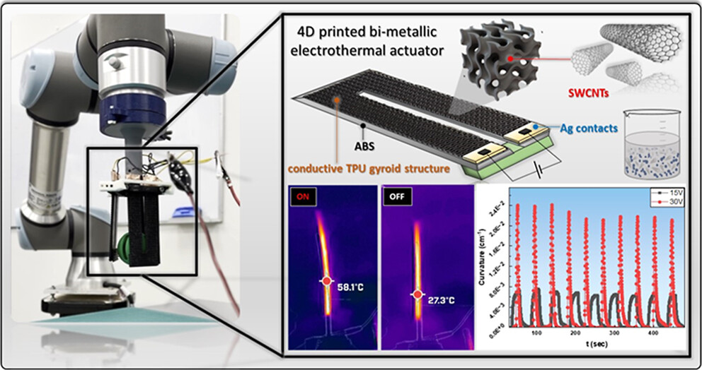 Graphical abstract of the publication entitled High-Performance 4D Printed ABS/Conductive TPU Electrothermal Actuator Devices with SWCNT Segregated Structures: A Gripper Demonstrator toward Soft Robotics Applications