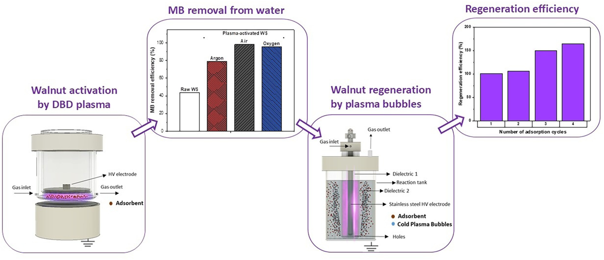 Graphical abstract of the publication entitled  Cold Plasma Activation and Regeneration of Walnut Shells for Enhanced Pollutant Adsorption in Water   